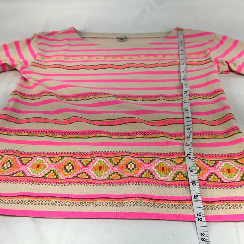 J. Crew XS neon pink stripe bohemian embroidered accent 3/4 sleeve top - Picture 5 of 13